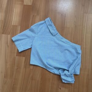 Zara Light Blue Striped Asymmetrical Blouse
